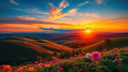 Vibrant and lively landscape with a colorful sunset casting a warm glow over the rolling hills and blooming flowers, peaceful scene, vibrant, serene