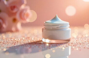 white pearlescent cream jars on shiny glitter on pastel background, no inscriptions beauty industry, beauty flat lay