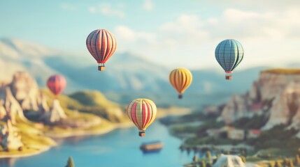 Obraz premium A group of hot air balloons are flying over a river. There are four balloons in total, with one on the left, one in the middle, and two on the right