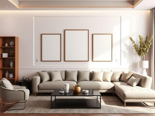 Fototapeta premium Stylish living room wall art mockup with modern decor and background, mockup, frame