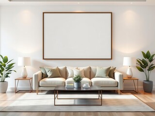 A mockup of a living room wall art featuring a modern interior design template, minimalistic, poster