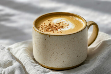 Obraz premium A cup of coffee sitting on top of a white cloth