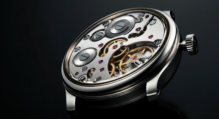 Intricate silver mechanical watch with exposed gears on black background