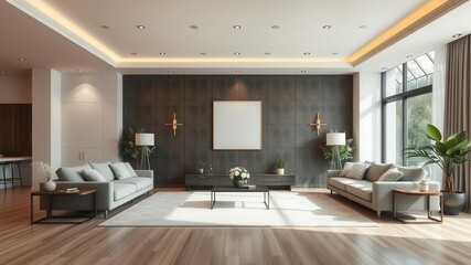Spacious living room interior with mockup of wall art, mockup, empty