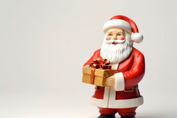 Fototapeta premium Cheerful Santa Claus Figurine Holding a Present in a Festive Swirling Background Ideal for Christmas Celebrations and Holiday Decorations