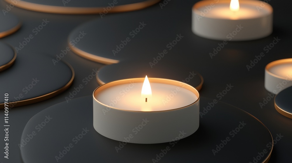 Poster group of white candles arranged in a circular pattern on a black surface. the candles are lit, creat