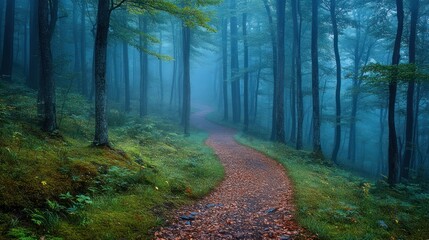 Obraz premium Misty forest path, winding, serene, nature.