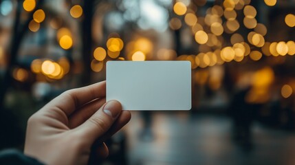 Hand holding a blank card in a softly lit outdoor setting during evening twilight