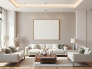 Modern living room with blank wall art mockup, showcasing a minimalist interior design with a neutral color palette and stylish furniture, blank, neutral colors