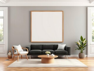 A mockup of a living room wall art featuring a natural wooden frame, frame, natural