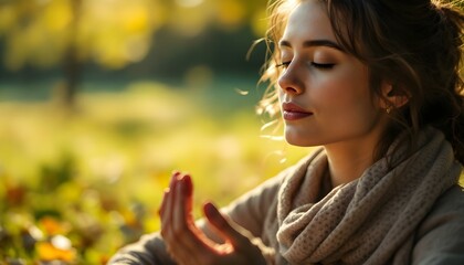 Serene Woman Meditating in Autumn Nature with Warm Sunlight