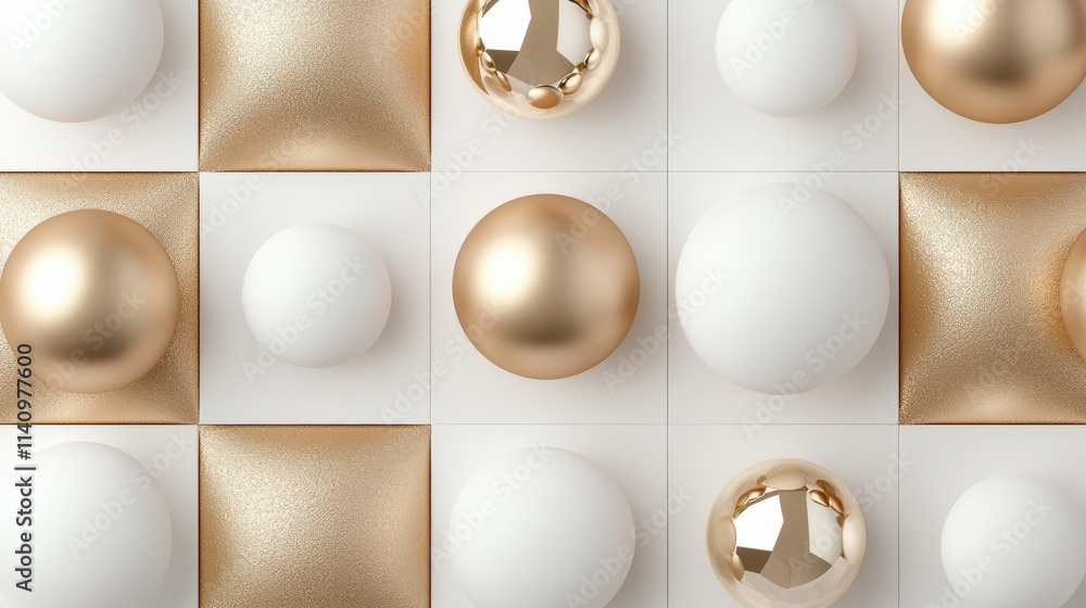 Poster grid of nine white and gold spheres arranged in a checkerboard pattern. the spheres are of different