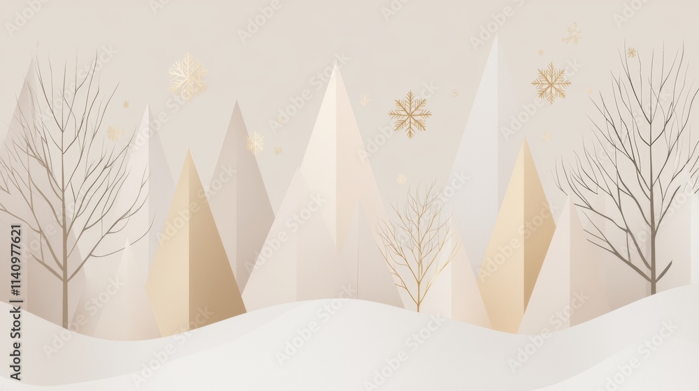 Poster digital illustration of a snowy landscape with a group of trees on the left side. the trees are bare