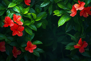 A bunch of red flowers with green leaves in the background