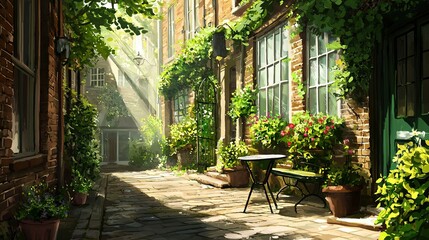 Fototapeta premium A painting of an alleyway featuring a table and chairs with potted plants on both sides