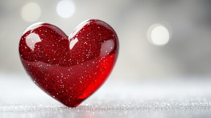 Obraz premium Red Glittery Heart On Silver Sparkling Background