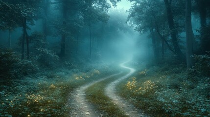 Misty forest path, winding, ethereal glow.