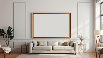 A realistic mockup of living room wall art featuring a spacious frame, interior design, wall art