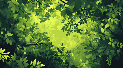A canopy of dense foliage blocks out most of the sunlight, casting dappled shadows on the forest floor, verdant undergrowth, forest atmosphere, arboreal growth. Arboreal. Illustration
