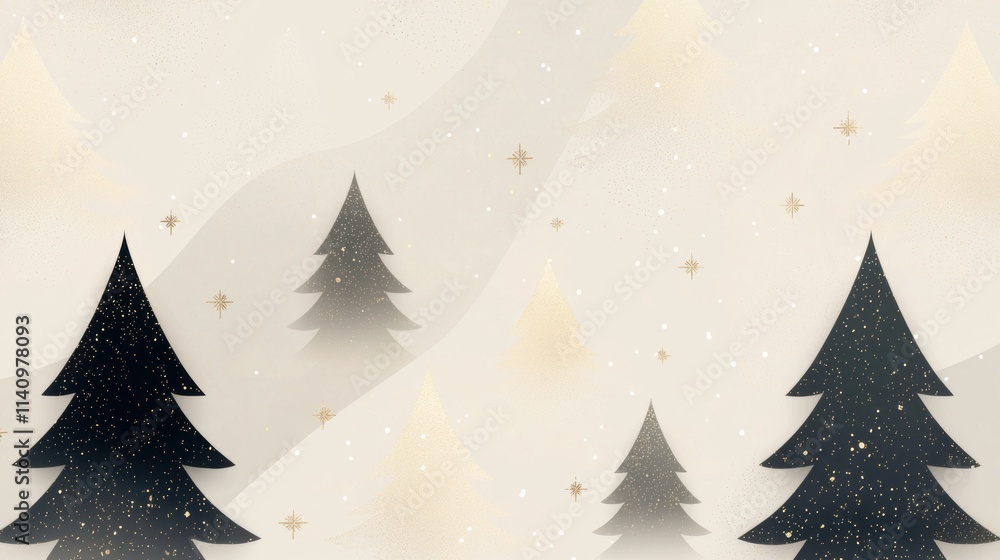Poster digital illustration of three black christmas trees on a light beige background. the trees are arran