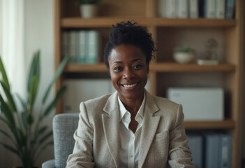 Confident African American Businesswoman Smiling Professional Executive Black Woman in Business Attire Success and Confidence