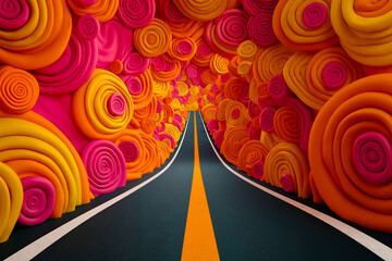 A long road with orange and pink swirls on both sides of it