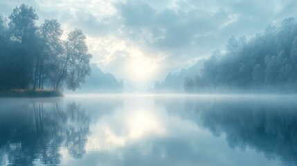 Fototapeta premium Serene misty lake, trees reflected, calm.