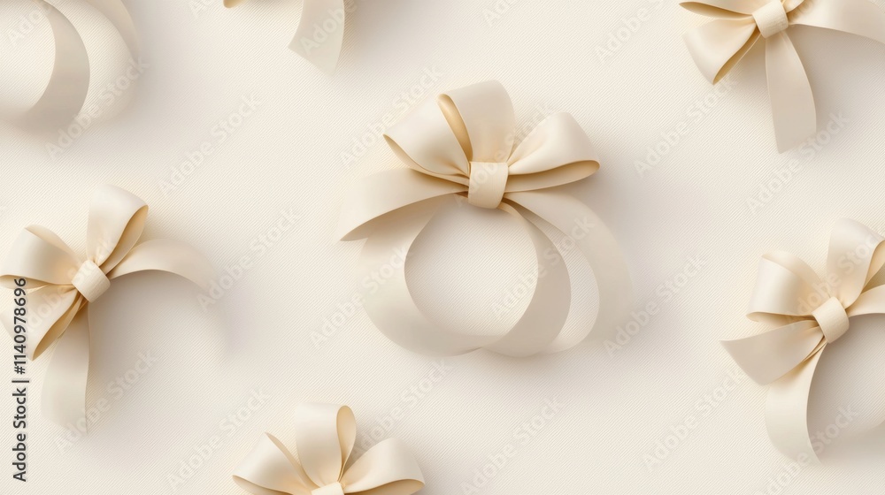 Poster group of nine white ribbons arranged in a scattered manner on a plain white background. the ribbons 