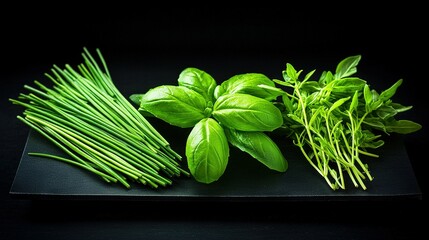   A close-up of green veggies on black, set against a black backdrop with a black border