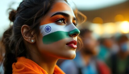 An Indian flag painted on the face of a young woman, symbolizing national pride and spirit