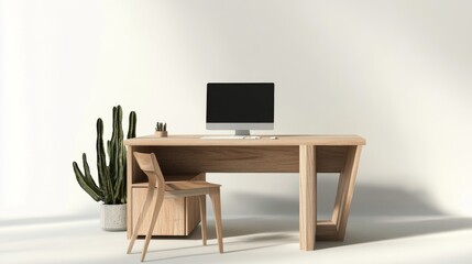 Modern workspace featuring minimalistic furniture and a desk with a computer and plants