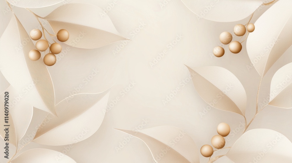 Poster abstract background with a light beige color. it has a repeating pattern of white leaves and small g