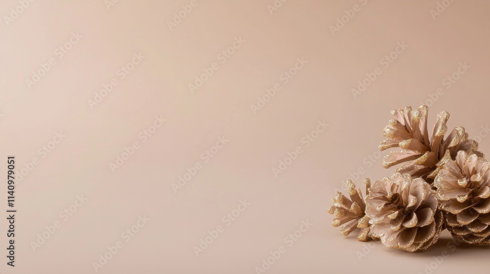 Poster close-up of a group of pine cones on a plain beige background. the pine cones are arranged in a scat