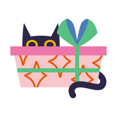 Gift box with ribbon and bow and cute cat hiding behind it. Christmas, Valentines and birthday holiday packaging decor. Trendy modern vector illustration isolated on white, hand drawn, flat design