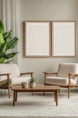 Fototapeta premium Modern living room with minimalist decor featuring a large plant and neutral colors