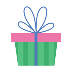 Gift box with striped wrapper, ribbon and bow. Christmas and birthday holiday packaging decor. Trendy vector illustration isolated on white background, hand drawn, flat design