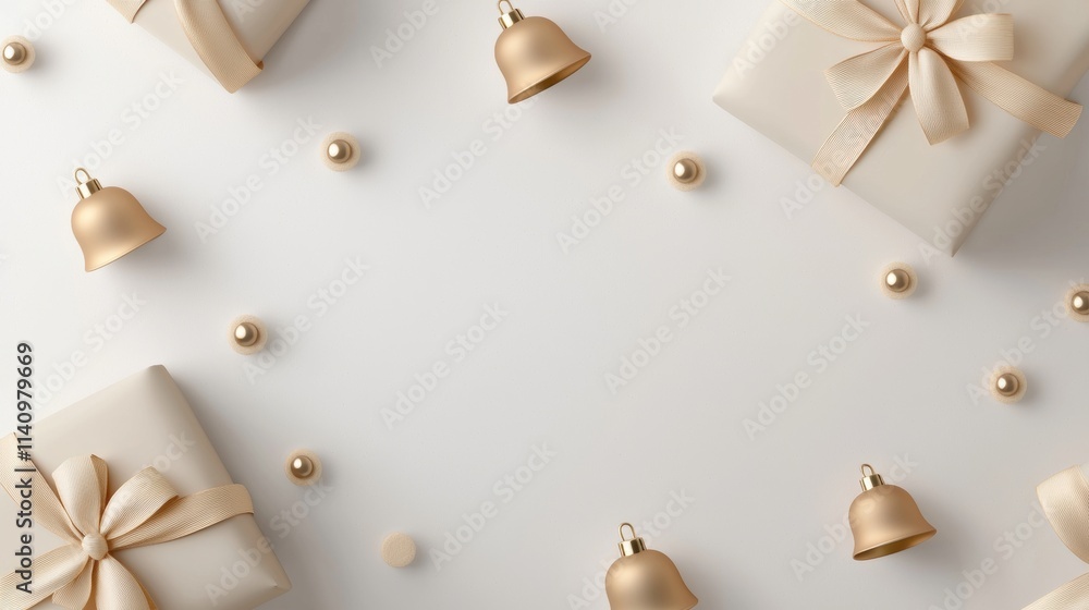 Poster Flat lay of multiple gift boxes with beige ribbons and bells scattered around them on a white background. the boxes are arranged in a scattered manner, with some overlapping each other.