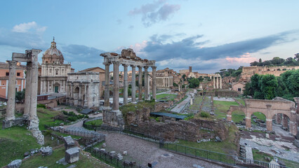 Ruins of Forum Romanum on Capitolium hill day to night timelapse in Rome, Italy