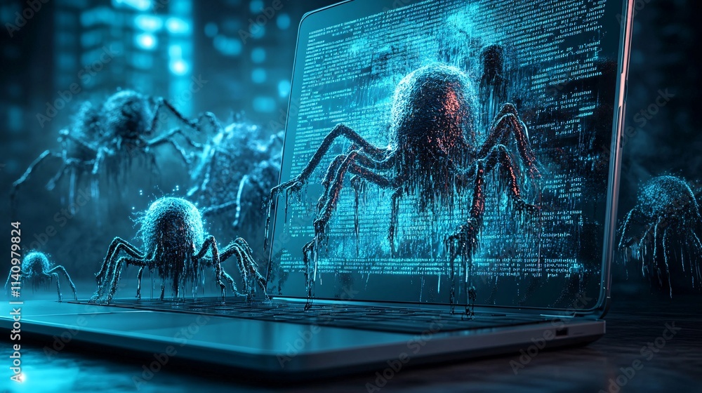 Poster malware infiltrating a computer system, represented by dark code seeping into a laptop, realistic, v