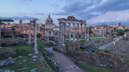 Ruins of Forum Romanum on Capitolium hill day to night timelapse in Rome, Italy