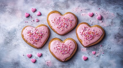 Obraz premium Pink Heart Shaped Cookies Sprinkled With Candy