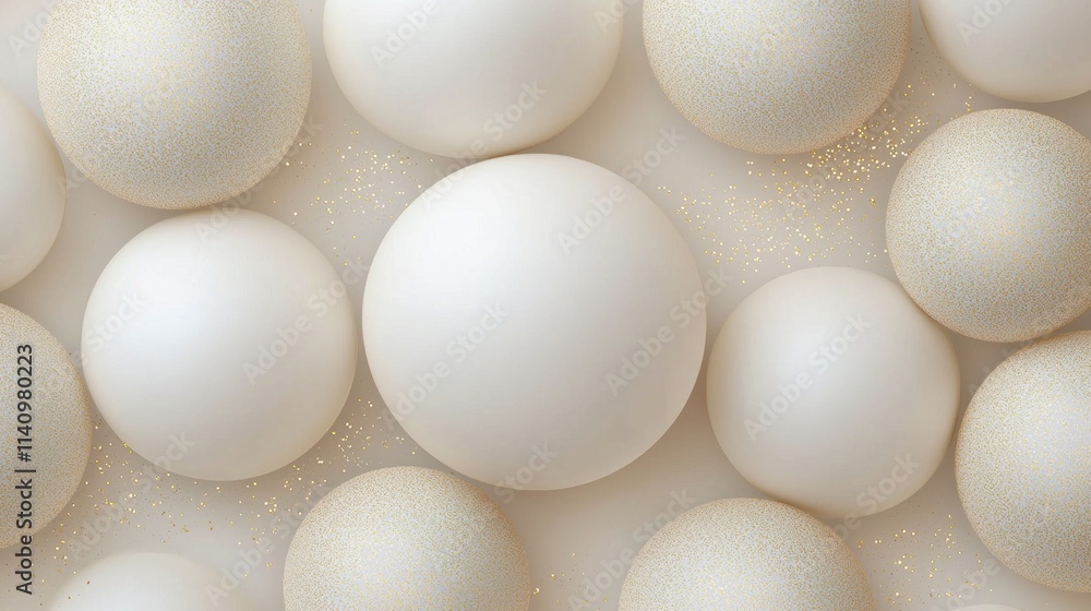 Poster group of white spheres arranged in a random pattern on a beige background. the spheres are of differ