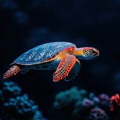 Fototapeta premium A close-up of a sea turtle swimming in a body of water, surrounded by corals and other marine life