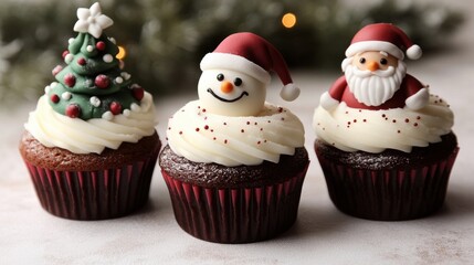 Closeup Christmas cupcakes with intricate festive designs on white background