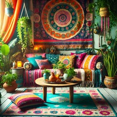 Vibrant Eclectic Living Room with Colorful Decor and Plants