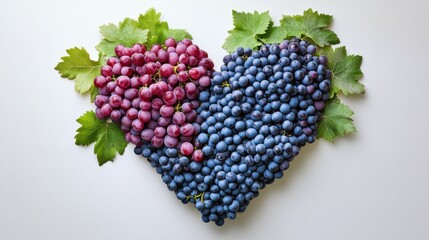 Artistic arrangement of grapes forming a heart shape on a white background.