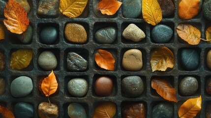 Artistic interpretation of a grid made of natural elements like leaves and stones.