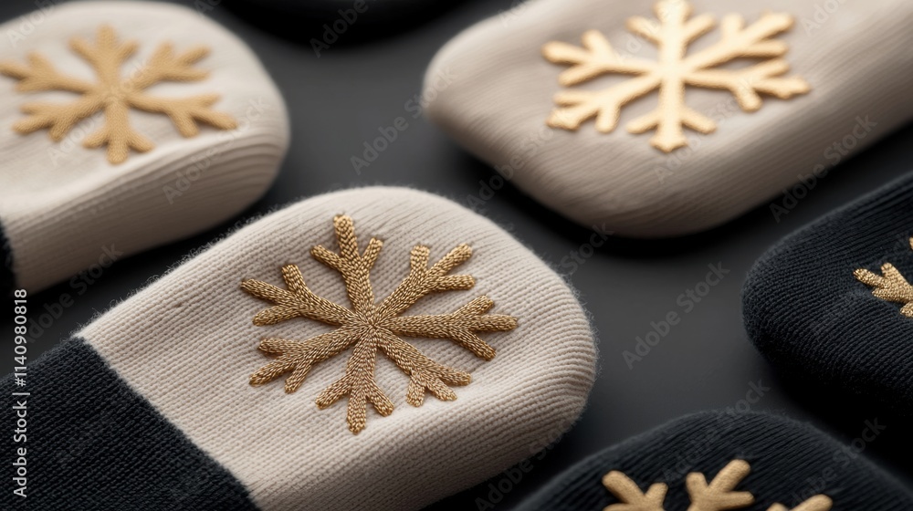 Poster group of four small, round objects with a beige and black color scheme. each object has a gold snowf