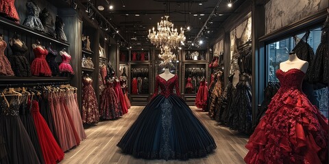  Spacious showroom filled with masquerade attire, dramatic dresses in jewel tones, embroidered corsets, matching accessories like gloves, bejeweled fans.