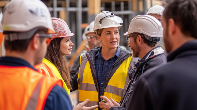 Construction workers and an engineer in safety vests and hardhats conversing at a construction site